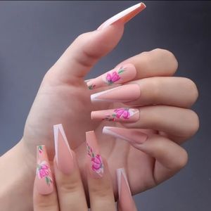 Press On Nails French Tip With Pink Flowers With Glue